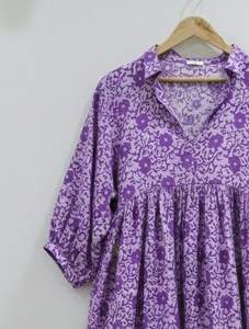 Vestido Túnica Indio Hecho a Mano 100% Algodón para Mujer |   Ropa Formal de Oficina Ecológica y Transpirable, Corte en A, Cintura Natural, Estampado Floral - Product Image 2