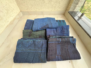 Couvre-lits en coton bleu indigo Kantha, cousus à la main, style bohème, taille double 60x90 pouces, fabriqués en Inde - Product Image 6