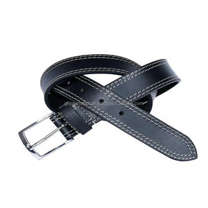 Ceinture décontractée en cuir noir de qualité supérieure, durable et robuste, à double couture, pour hommes, avec boucle en laiton nickelé massif. - Product Image 2