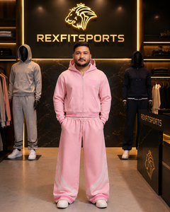 REXFITSPORTS Men <b>Pink</b> Zip-Up <b>Hoodie</b> Tracksuit Oversized Casual Streetwear Full Length Sweatpants Set Solid Color Loose Fit - Product Image 1