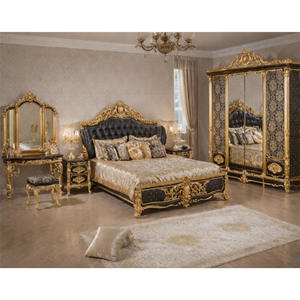 Ensemble de meubles de chambre à coucher sculptés noir et or, style baroque, lit king size en bois fait main, le plus vendu, en promotion aux États-Unis - Product Image 1