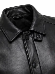Chaqueta de Cuero Negra para Hombre con Botones a Presión |   Chaqueta Bomber A1 de Cuero Vacuno Genuino |   Chaqueta de Piloto Personalizada al por Mayor - Product Image 4