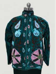 Green Velvet Embroidered Eco-Friendly Cotton Shell Women Bohemian Floral Pattern Stand Collar Open Stitch Full Sleeve <b>Winter</b> - Product Image 3