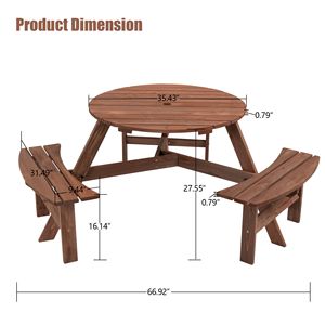 Tavolo da Picnic Circolare in Legno Marrone per 6 Persone, Capacità 780 kg, con 3 Panche Integrate per Giardino e Patio - Product Image 6