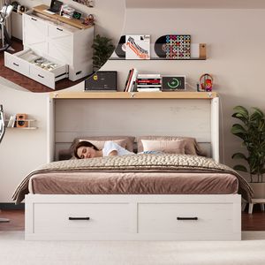 Lit Queen Murphy avec station de charge, grand tiroir de rangement, plateforme pliable, style farmhouse, avec fonction de rangement dissimulé - Product Image 1