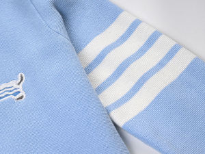 Cardigan en tricot bleu clair à col en V avec broderie chien et bordure blanche, manches longues, style printemps, pour homme et femme - Product Image 6