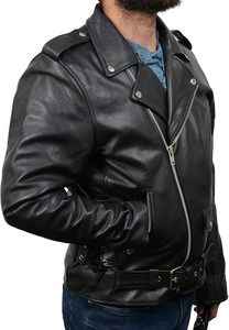 Men Genuine Leather Canvas Moto Jacket with Zipper <b>Belt</b> Pockets Epaulet Crew Neck <b>Slim</b> Fit Thin Winter Style - Product Image 2