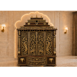 Mandir Tradicional de Madera de Teca Tirupati Balaji con Puertas Talladas con Motivos de Pavo Real, Acabado en Oro Antiguo, Templo para el Hogar Tallado a Mano con Espacio de Almacenamiento, EE. UU. - Product Image 1