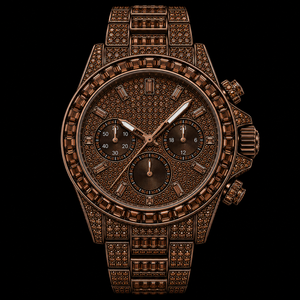 Reloj Cronógrafo Marrón con Incrustaciones de Diamantes, Bisel con Piedras Baguette, Brazalete Completamente Pavé, Diseño de Reloj de Pulsera de Lujo para Hombre - Product Image 2