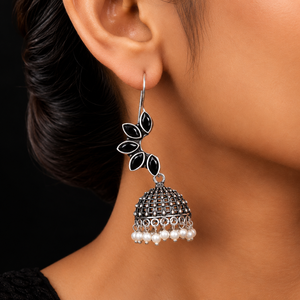 Pendientes Jhumka de Piedra Negra Oxidada para Mujer |   Pendientes Largos Étnicos Estilo Boho - Product Image 5