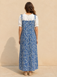 Premium Blue Color Floral Print Pinafore <b>Dress</b> Women's Square Neck Button Front Pocket Short Sleeve Shoulder <b>Straps</b> Long Wear - Product Image 4