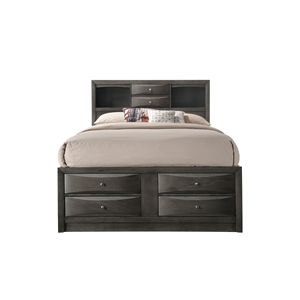 Contemporary Queen Captain Platform Bed with <b>Bookcase</b> Shelves and Side Storage <b>Solid</b> <b>Wood</b> Grey Bedroom Furniture - Product Image 1