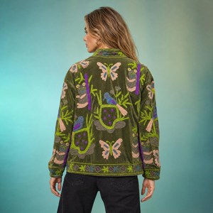 New Favorite Tropical Olive Green <b>Velvet</b> Suzani <b>Jacket</b> Whimsical Frog Bird Cactus Butterfly Coat Winter Statement <b>Women</b> Blazer - Product Image 4