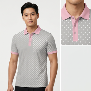 Polo à manches courtes gris pour homme avec col et poignets roses, design décontracté en tricot respirant - Product Image 5