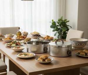 Plat de service moderne en acier inoxydable émaillé, martelé, pour maintien au chaud des aliments, idéal pour la table et les petits rassemblements à domicile - Product Image 2