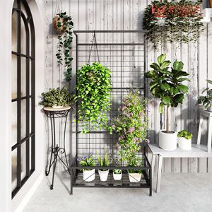 Supporto per Piante Alto in Metallo Nero con Traliccio e Barra Appendibile 91,44 cm x 32,56 cm x 187,96 cm, Porta Piante da Interno ed Esterno con Recinzione e Cancelli - Product Image 6