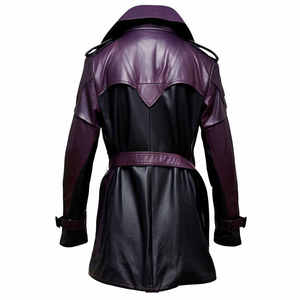 Men's <b>Purple</b> Black Genuine Leather <b>Trench</b> <b>Coat</b> Double Breasted Belted Knee Length Overcoat Notched Lapel Regular Sleeve - Product Image 2