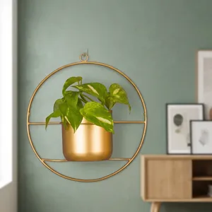 Jardinière murale ronde en métal doré avec cadre circulaire |   Porte-pot de fleurs décoratif moderne pour la décoration intérieure de la maison - Product Image 2