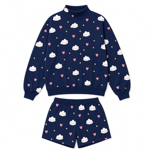 Ensemble court décontracté pour femme, sweat-shirt à col montant imprimé motif nuage et cœur de dessin animé lavande, manches longues et épaules tombantes, vente en gros - Product Image 3