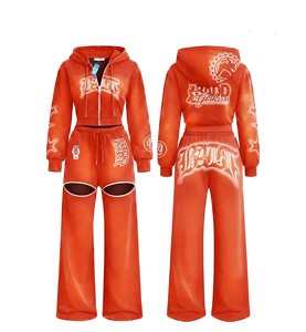 Ensemble de survêtement unisexe léger imprimé délavé à l'acide TAHAD 2026 avec sweat à capuche zippé et pantalon de jogging évasé pour le sport - Product Image 1