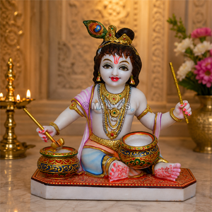 Estatua de Bal Krishna Makhan Chor de Mármol |   Murti de Bebé Krishna en Mármol Blanco |   Ídolo de Laddu Gopal Hecho a Mano |   MALIYAS India - Product Image 1