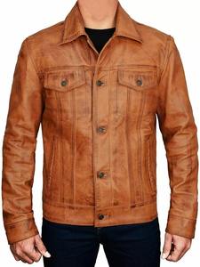Veste en cuir d'agneau véritable de style vintage pour homme, marron, style trucker classique - Product Image 4