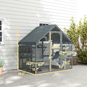 Recinto per Gatti in Legno Impermeabile con 2 Cucce, 4 Piattaforme, Ponte e Porte, per Gatti Multipli, Grigio - Product Image 3
