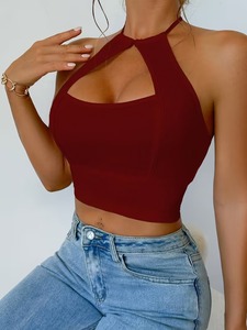 Halter Neck Keyhole Cutout Athletic Sports Bra Ribbed Seamless Fitted <b>Crop</b> <b>Top</b> Running Activewear Yoga Tank <b>Top</b> - Product Image 4