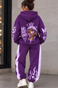 Conjunto Deportivo Morado con Capucha para Mujer, Manga Larga, Cierre con Cordón, Corte Holgado, Estampado de Puntos, Bolsillos Laterales, Ropa Casual de Otoño - Product Image 2