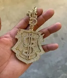 จี้รูปโล่สัญลักษณ์ดอลลาร์ประดับเพชรโมอิสซาไนต์ ชุบทองคำขาว เงินสเตอร์ลิง สร้อยคอฮิปฮอปสำหรับผู้หญิง - Product Image 4