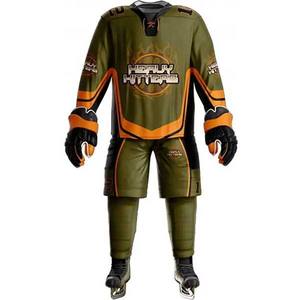 ชุดเสื้อฮอกกี้น้ำแข็งแบบซับลิเมชั่นสำหรับผู้ชาย Heavy Hitters สีเขียวมะกอก-ส้ม แขนยาว ระบายเหงื่อได้ดี ทรงพอดีตัว ชุดยูนิฟอร์มทีมสำหรับผู้ใหญ่ - Product Image 1