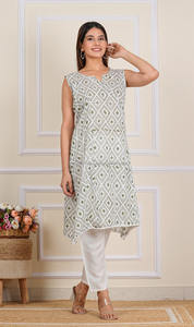 Rajasthani Culture Long Kurti Main Bloc Imprimé Coton Long Indien Coton Kurta Pantalon Ensemble Dames Filles À Manches Longues - Product Image 3