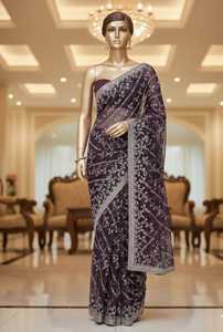 Elegante Sari de Seda Negra para Mujer con Bordado de Cuentas para Bodas, Largo hasta el Suelo, Corte Regular, Ropa India y Pakistaní - Product Image 3