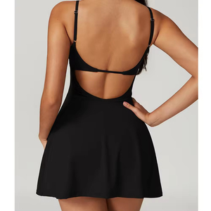 Robe mini ajustée noire pour femme, col carré, bretelles spaghetti, respirante, couleur unie, style été - Product Image 5