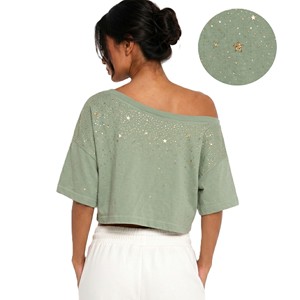 Chemisier court vert sauge à imprimé étoiles pailletées, coupe décontractée, 90 % coton, 10 % élasthanne, pour femme - Product Image 4
