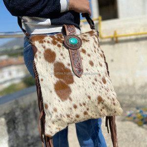 Hottest Selling Cowhide Fur Leather Fringe Bag Women Tooled Carving Leather <b>Handbag</b> Boho Style Cow Hide Bag's for Cow Girl's - Product Image 2