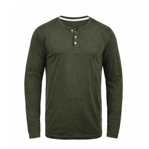 T-shirt Henley à manches longues 3 boutons pour homme, en jersey de coton épais, coupe ajustée, décontracté, haute qualité - Product Image 1