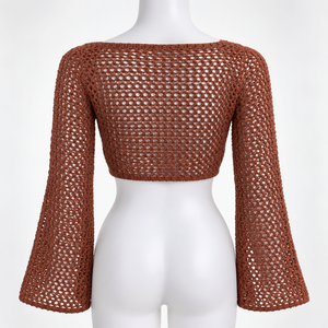 Top Corto de Punto para Mujer Primefield, Diseño Crochet, Color Sólido, Manga con Vuelo, Lazo Frontal, Estilo Casual de Verano - Product Image 3