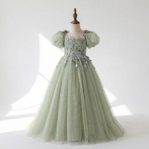 Elegante Vestido de Fiesta de Tul Suave con Mangas Abullonadas al por Mayor, Vestido de Princesa Verde Salvia Sólido, Vestido de Boda para Niña de las Flores, Fabricante - Product Image 1