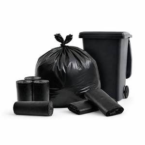 TH GB-032 55-65 Gallon Heavy Duty Black HDPE Trash <b>Bags</b> with Heat <b>Seal</b> for Commercial & Household Outdoor Use - Product Image 1