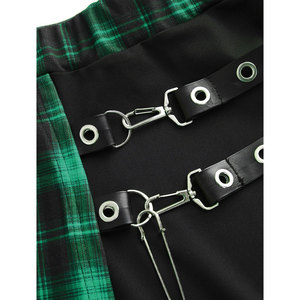 Wholesale Gothic Punk High Waisted Plus Size Plaid <b>Patchwork</b> Grommet PU Leather Asymmetrical Mini A-Line Pleated <b>Skirt</b> for Women - Product Image 2