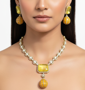 Yellow Stone Polki Layered Design Necklace with Earrings Gold Plated Fashion Jewelry Set - Product Image 1