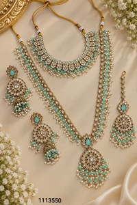 Juego de Joyería de Flores con Perlas y Baño de Oro, Collar y Aretes Verdes para Novia, para Bodas y Fiestas - Product Image 3