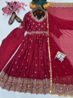 Élégant Salwar Kameez en Soie Rouge avec Dupatta pour Femme, Brodé, Style Ethnique, pour Mariage, Fête, Hiver et Été, Longueur Ras du Sol, Séchage Rapide