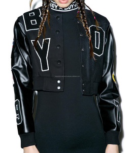 Chaqueta universitaria de lana de alta calidad HICVJ1 completamente negra para mujer, cuello levantado, temporada de invierno, bordado frontal, parches con logotipo, servicio OEM - Product Image 4