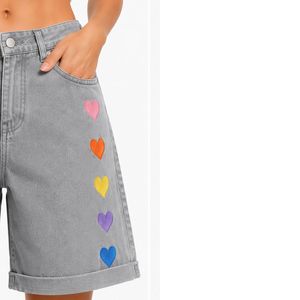<b>Light</b> Gray <b>Rainbow</b> Heart Embroidered Women Denim Shorts High Waist Casual Loose Fit Rolled Hem Cotton Summer Fashion Jeans Short - Product Image 4