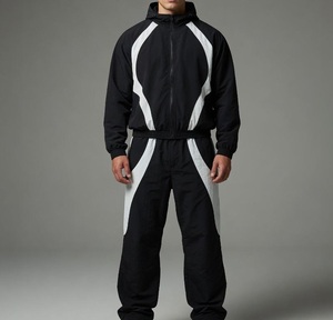 Ensemble survêtement coupe-vent personnalisé noir avec contraste blanc, pantalon et sweat à capuche en polyester, 2 pièces, idéal pour le jogging - Product Image 4