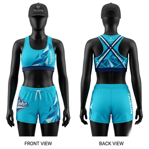 Premium 220 GSM polyester spandex BJJ bra and shorts set teal geometric panel design sublimation custom logo training wear - Product Image 1