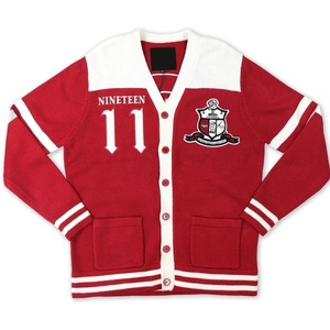 Cardigan rouge tricoté pour homme Divine Nine Nude avec bordure blanche et motif patch, manches longues, col en V, boutons sur le devant, pour l'automne - Product Image 1