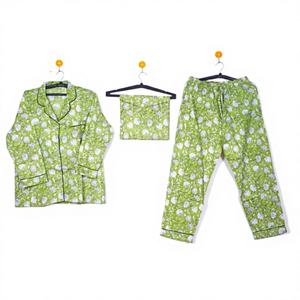 Conjunto de pijama largo de algodón indio hecho a mano para mujer, estampado Floral de bloque de mano, hermoso vestido de dormir cómodo para damas - Product Image 1